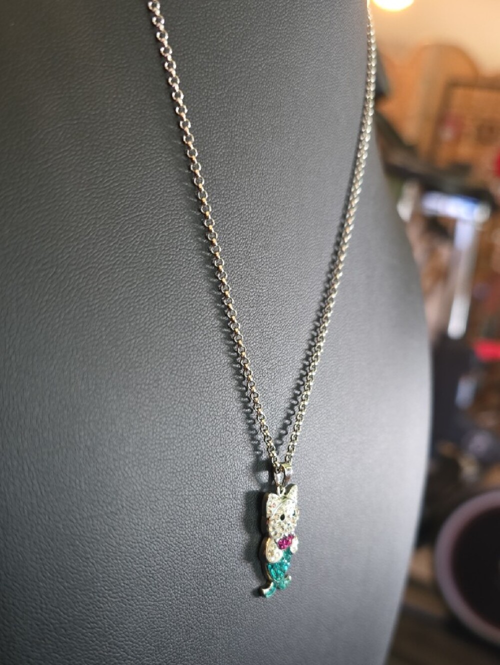 Silver Cat Mermaid Pendant Necklace with Pink and Teal Crystals - Picture 5 of 9